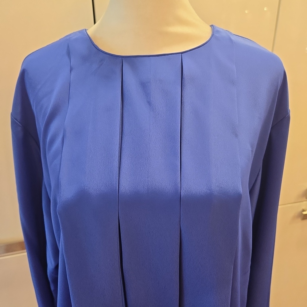 VTG Christian Dior Pleated Long Sleeve Royal Blue Blouse Top Womens Size 12 - Picture 3 of 13